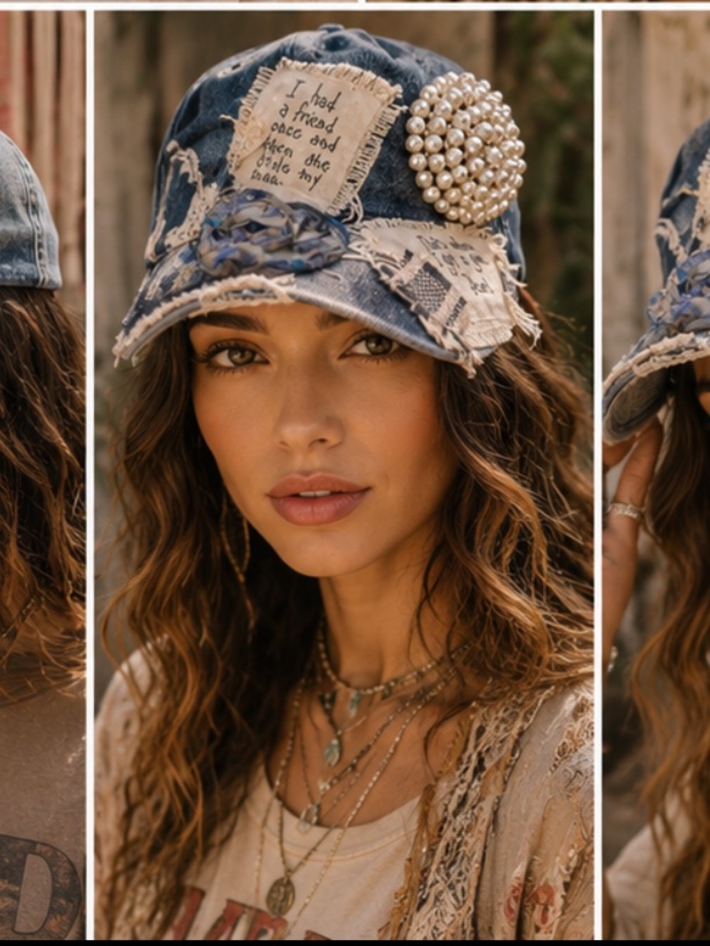 One of One Embellished Denim Cap with Pearl Brooch & Rosette.